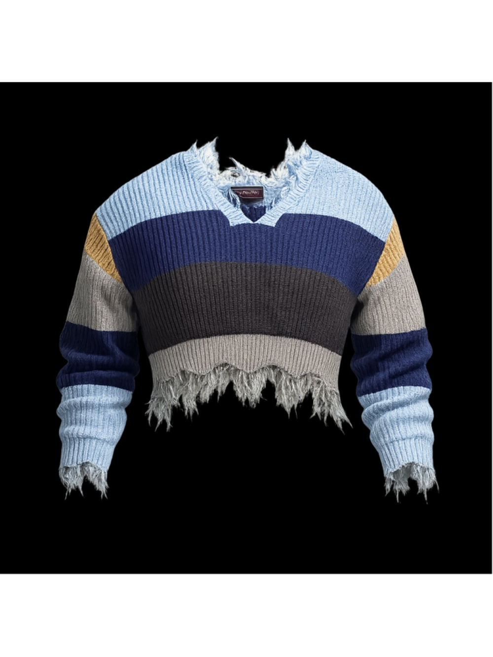 Women's Polly Esther Blue Gray Striped Distressed V-Neck Sweater M